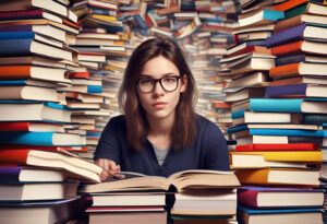 Student surrounded by books