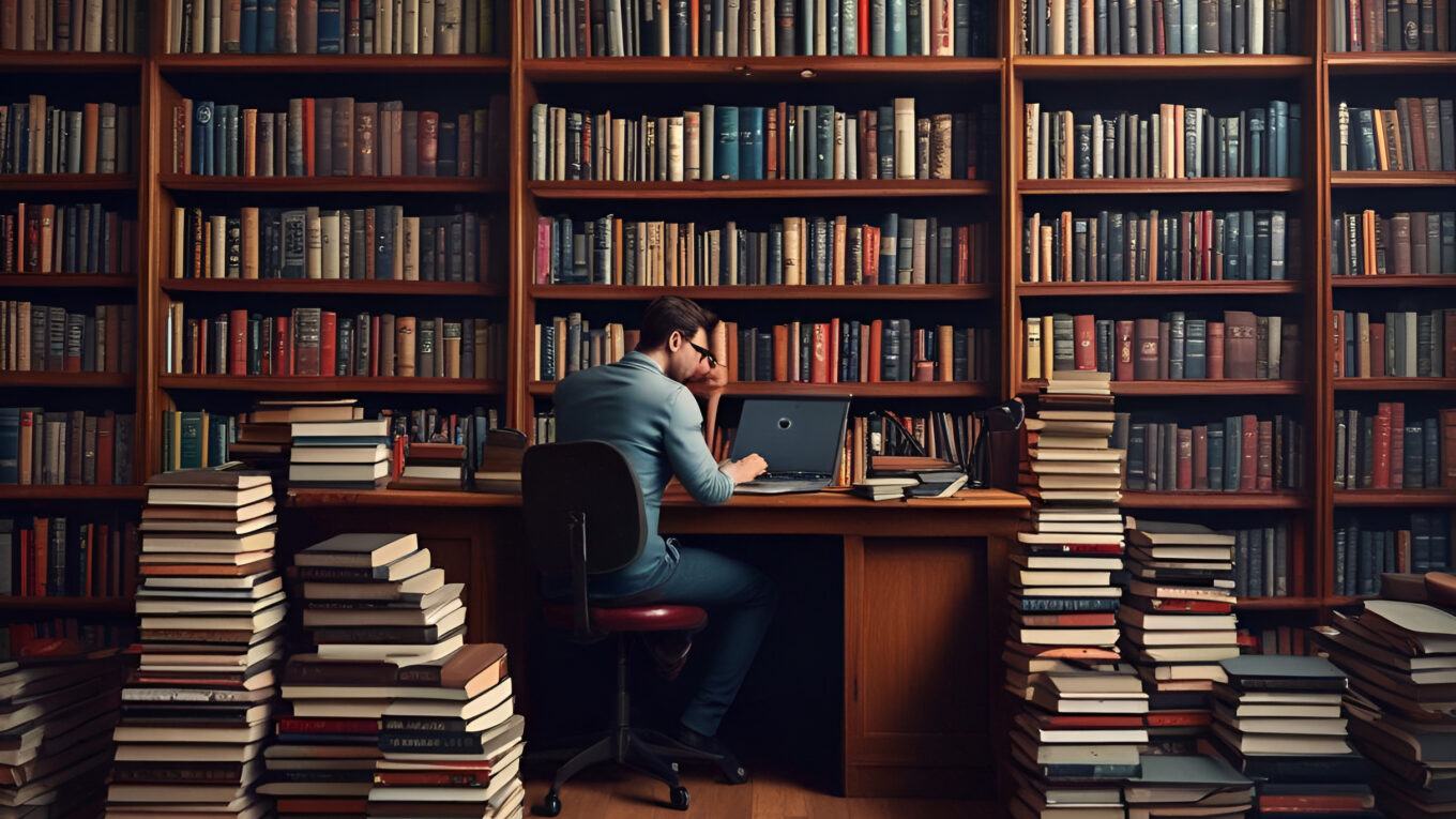 Bookshelf with man working on a laptop